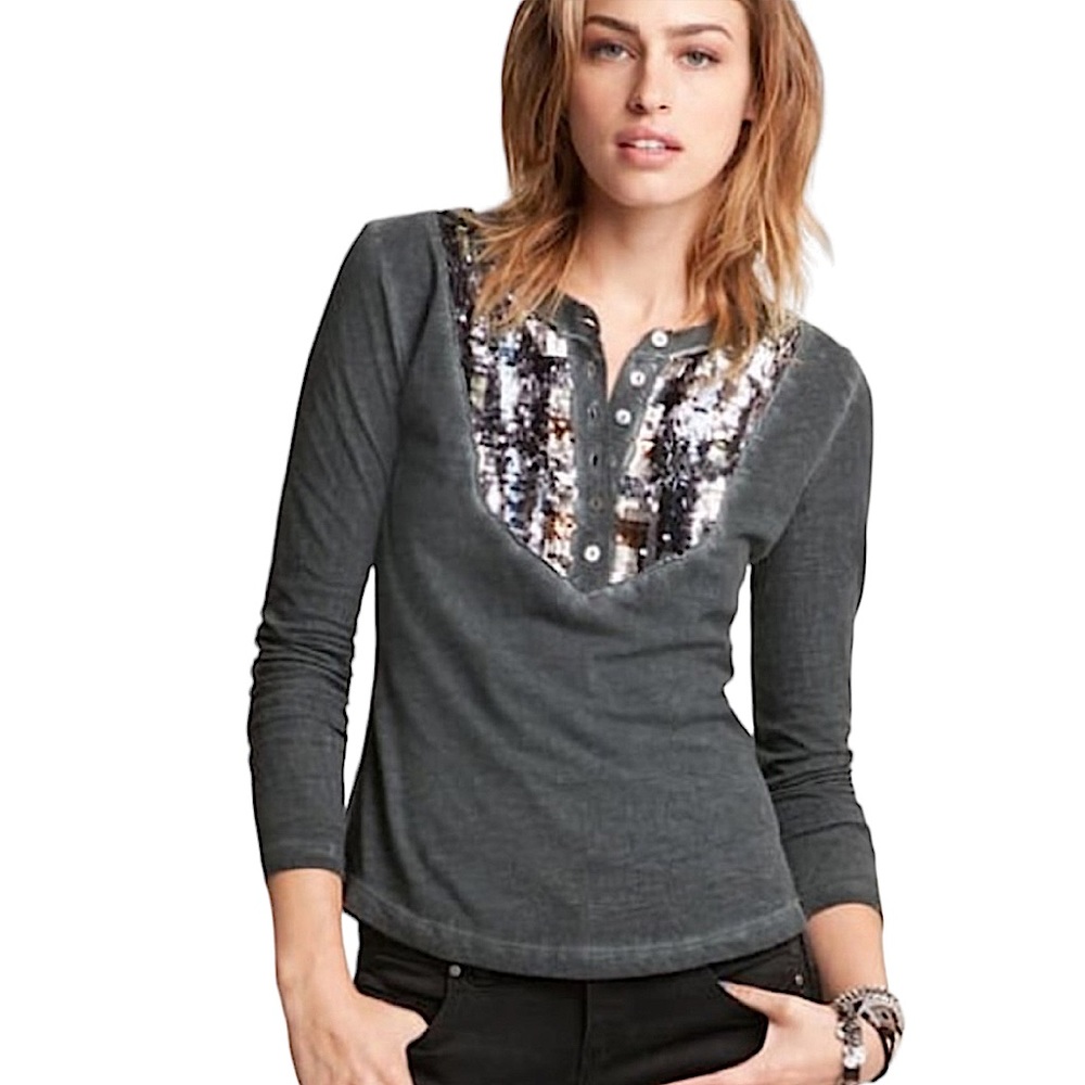 FREE PEOPLE: Tiger Eyes Sequin Bib Henley Shirt - Size Small